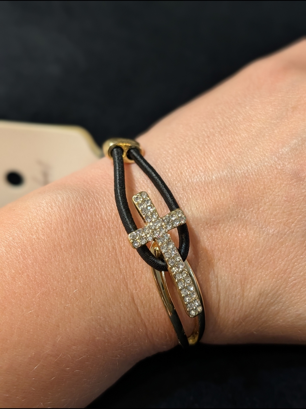 Gold Tone Crystal Cross Bracelet - Black Cord